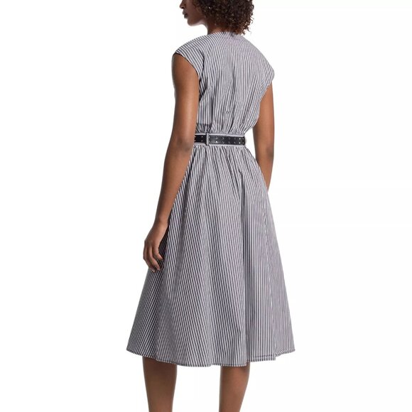 248$ Michael Kors Graphic Stripe Fit Flare Midi Dress Cap Sleeves Size XS Black - Picture 2 of 2
